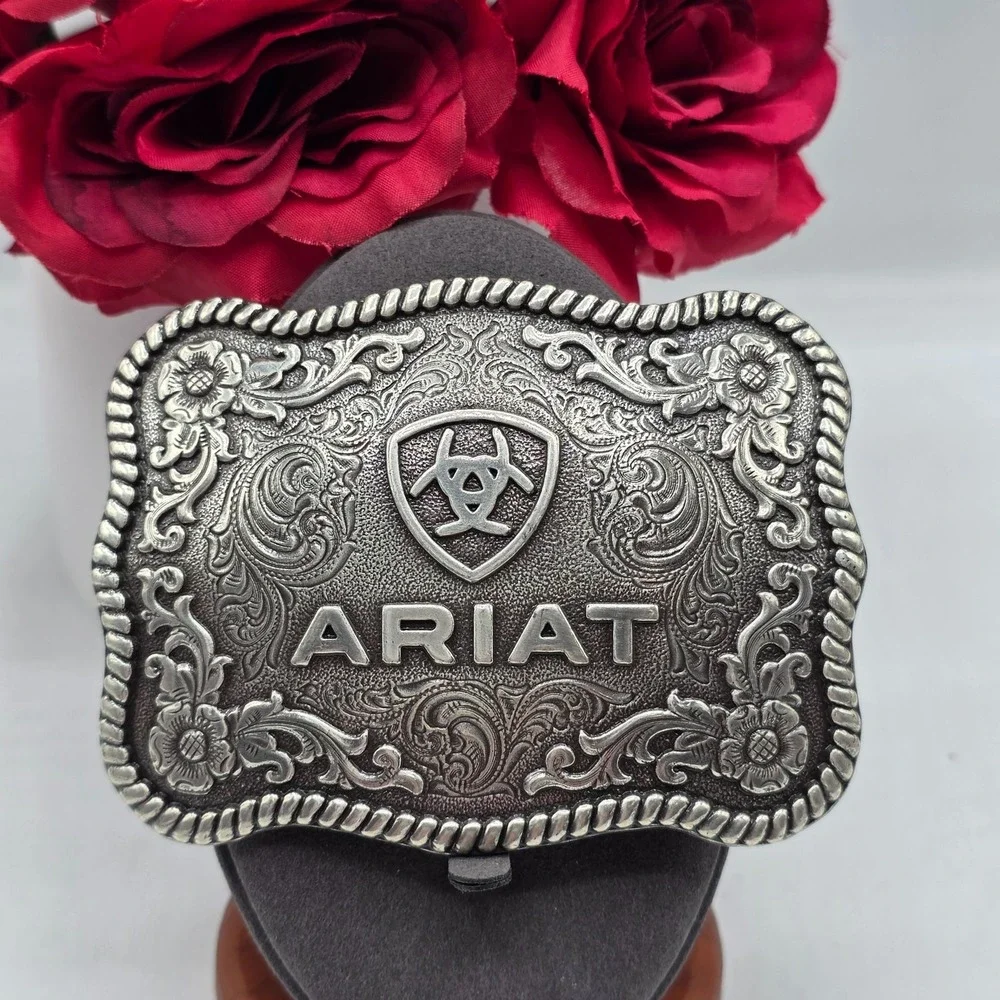 ARIAT Western Filigree Belt Buckle Silver Tone Rodeo Style Men's Cowboy Engraved
